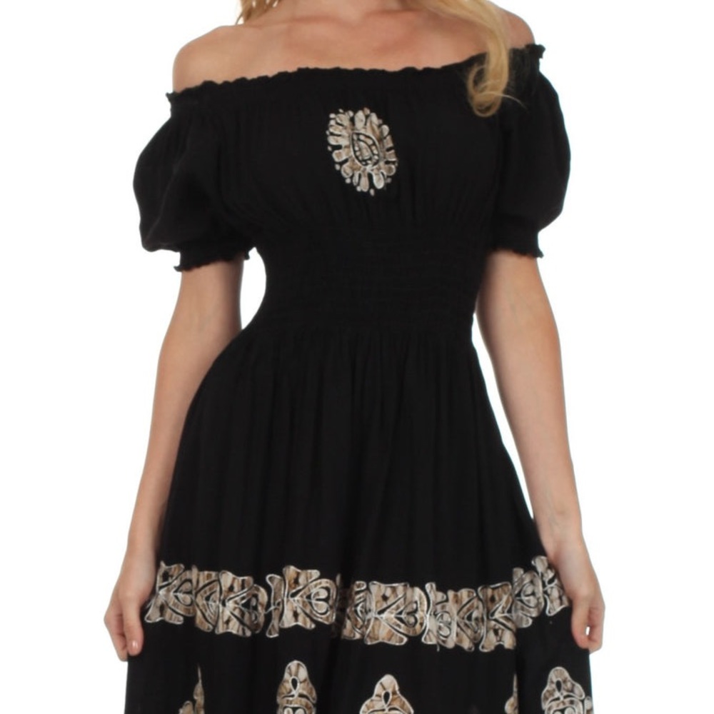 Sakkas Batik Sunshine Peasant Dress Black and White One Size Fits All